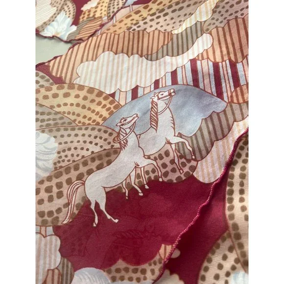Vintage Pleated Floral Horse Print Rectangle Scarf Lightweight Sheer Neck Wrap M - Picture 5 of 5